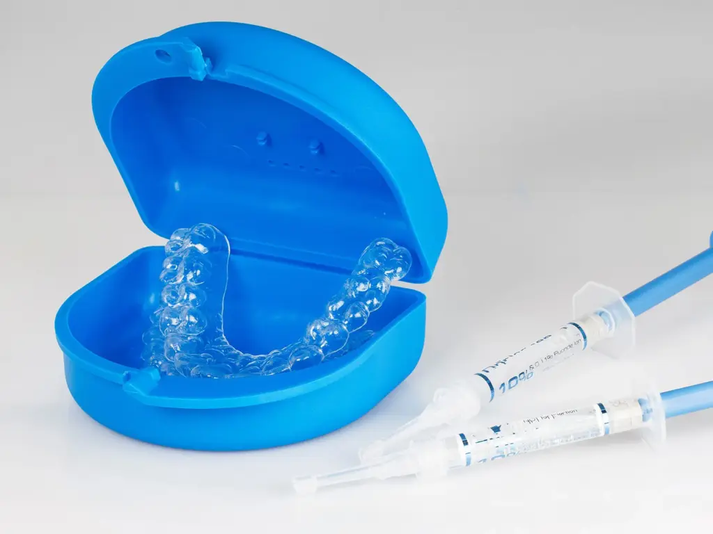 Blaue Aufbewahrungsbox mit Zahnschiene für Bleaching